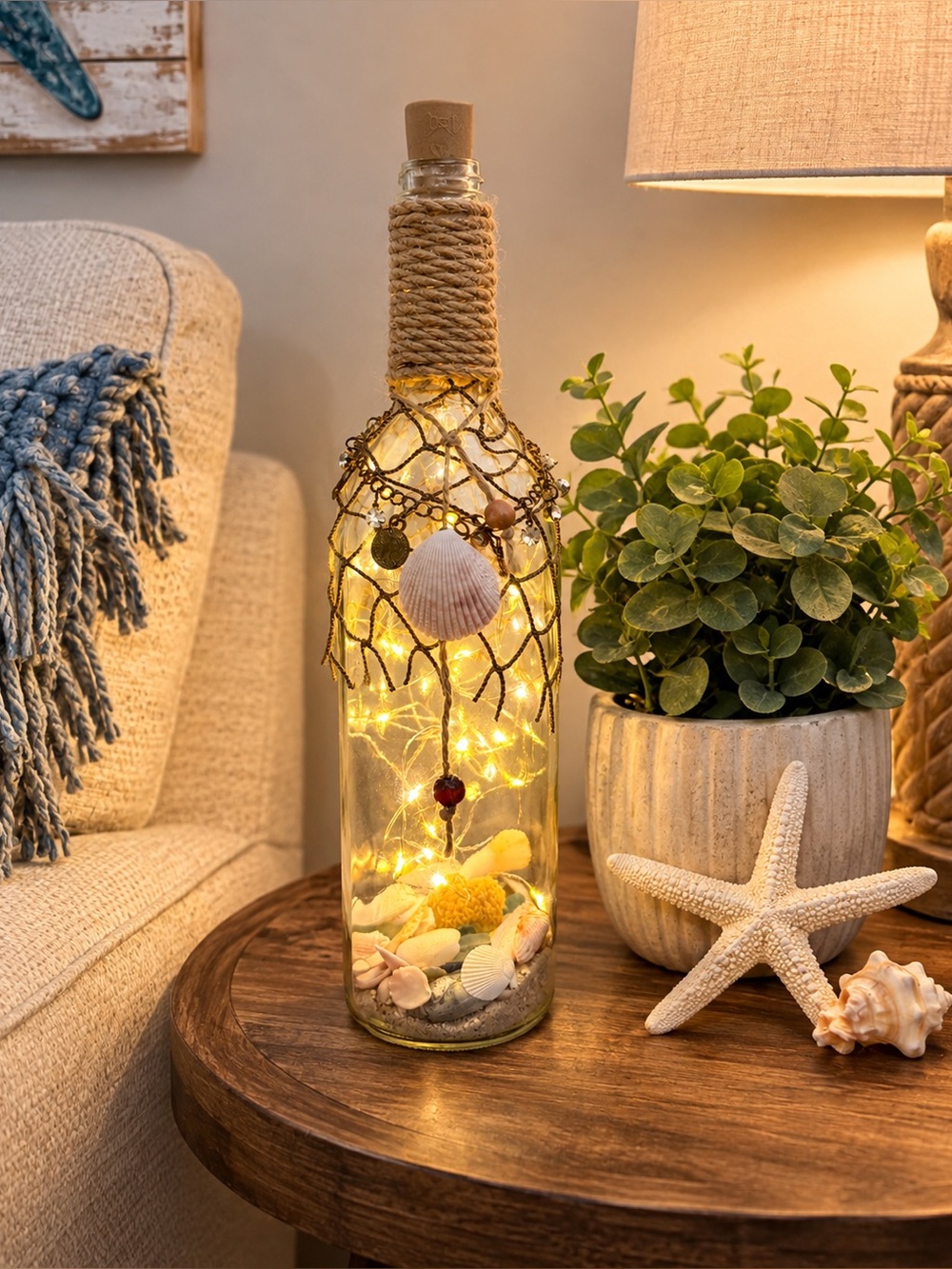 Seashell Coastal Décor Bottle w/Fairy Lights – Handmade, Housewarming Gift